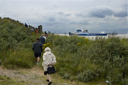 On the way to the vantage point as shipping begins to move to the ports up river
