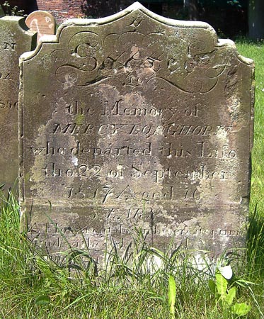 The gravestone of Mercy Longhorn, aged 16