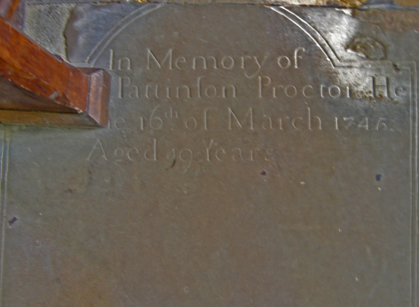 The gravestone of Robert Pattinson, Proctor, set into the floor of the Church